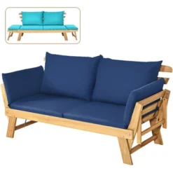 Tangkula Adjustable Patio Sofa Daybed Acacia Wood Furniture W/ Navy & Turquoise Sets Cushion -Tangkula GUEST 7b653af1 ade7 4e1a a1a2 263690dbd5c6