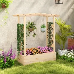 Tangkula Wooden Raised Garden Bed W/ Trellis & Hanging Roof Planter Box Drainage System