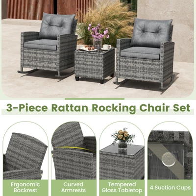 Tangkula Set Of 3 Wicker Rocking Set Patio W/ Tempered Glass Table & Soft Cushions 9 Tangkula Set Of 3 Wicker Rocking Set Patio W/ Tempered Glass Table & Soft Cushions - Image 7