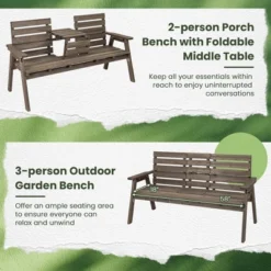 Tangkula Outdoor Fir Wood Bench W/ Foldable Middle Table W/ Backrest & Armrests -Tangkula GUEST 7eb8f28f d3ee 4c19 8221 cb47ee362be6