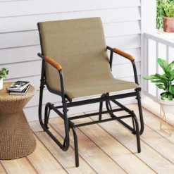 Tangkula Patio Glider Chair Set Of 2 W/ Curved Teak Armrests & Breathable Fabric Seat -Tangkula GUEST 7f2ed023 db6d 463e b620 3dec8e03419d