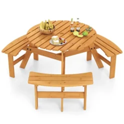 Tangkula 6-Person Round Picnic Table Set W/ 3 Built-in Benches 2" Umbrella Hole -Tangkula GUEST 7fbc98fc 8808 45ec a323 71a82b84f073