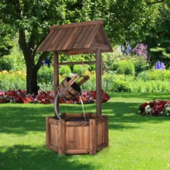 Tangkula Rustic Wishing Well Water Fountain Wooden Decorative Electric Backyard With Electric And Water Bucket Pump For Outdoor