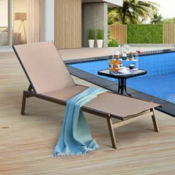 Tangkula Patio Chaise Lounger With 6-Postion Adjustable Backrest And Breathable Fabric Brown