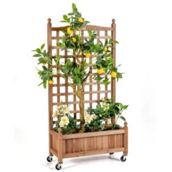 Tangkula 50in Wood Planter Box With Trellis And Wheels Mobile Plant Raised Bed For Indoor&Outdoor