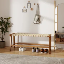 Tangkula 47" Long Teak Wood Patio Bench W/Weave Seat Solid Wood Legs Backless For Porch -Tangkula GUEST 817f9429 9e21 4fdd 8a7b 56d4229f83f0