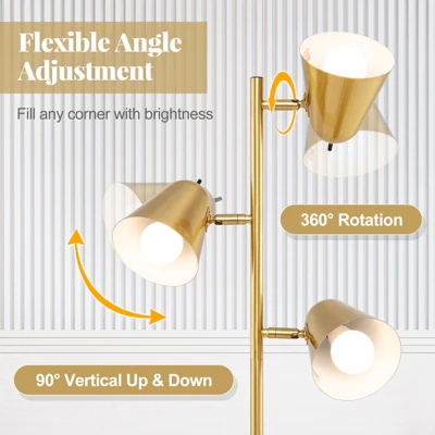 Tangkula 64" Mid Century Modern Floor Lamp 3 Light Tree, Standing Tall Pole Lamp W/ 3 LED Bulbs & Adjustable Heads (Antique Brass) 8 Tangkula 64" Mid Century Modern Floor Lamp 3 Light Tree, Standing Tall Pole Lamp W/ 3 LED Bulbs & Adjustable Heads (Antique Brass) - Image 6