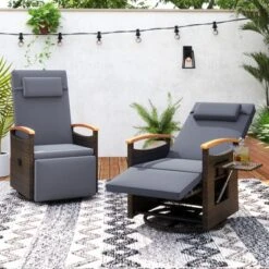 Tangkula Set Of 2 Patio Rattan 360° Swivel Recliner Chair Wicker Lounge Chair W/Adjustable Backrest & Footrest Reclining Seat W/Flip Side Table