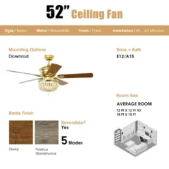 Tangkula 52" Ceiling Fan With Lights And Remote Control, 5 Blades, 3 Speeds, Indoor Ceiling Fan Light Golden -Tangkula GUEST 83f39cca 04b6 403c 856d e514fdddc6a9