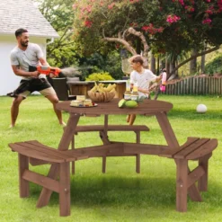 Tangkula 6-Person Round Picnic Table Set W/ 3 Built-in Benches 2" Umbrella Hole -Tangkula GUEST 83f49ac6 472e 41dd 8e08 7ea12bd74e4b