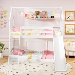 Tangkula Twin Over Twin House Bunk Bed W/ Slide Solid Wood Low Bunk Bed For Kids White -Tangkula GUEST 84a469d3 2241 4ddd 9809 4b1ae086c6fa