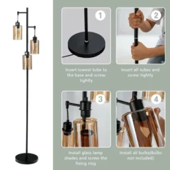 Tangkula 3 Lights Floor Lamp Retro Floor Lamp With 3-Head Hanging Amber Glass Shade Foot Switch Metal Base Industrial Floor Lamp Black -Tangkula GUEST 85694f81 4d99 4f5a a1b9 3e7102e66041