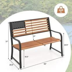 Tangkula 50” Outdoor Garden Bench 2-Person Metal Patio Chair With Flag Pattern Backrest & Rustic Wood Grain Finish -Tangkula GUEST 85a617c1 38b8 4889 a739 d96d45667cbf