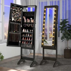 Tangkula Jewelry Armoire Cabinet Standing Lockable Jewelry Organizer With Lighted Full-Length Mirror Black/Rustic Brown/White -Tangkula GUEST 86ce8687 aba1 41a7 b7de d12caeede512