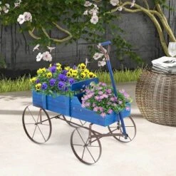 Tangkula Tangkula Wooden Garden Flower Planter Wagon Plant Bed W/ Wheel Garden Yard Blue