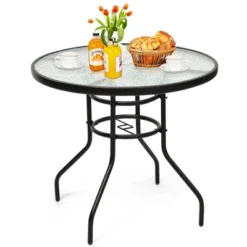 Tangkula Patio Round Table Patio Furniture Steel Frame Dining Table W/ Glass Top -Tangkula GUEST 89514dd4 f1f5 4a6c 8366 8d04626c9763
