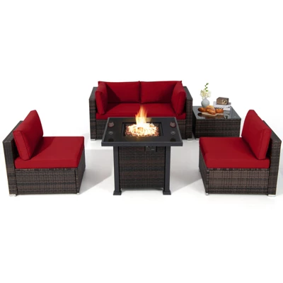 Tangkula 6 Piece Patio Wicker Conversation Set, Outdoor Rattan Sofa Set W/ 32" Propane Fire Pit Table, 50,000 BTU Heat, Tempered Glass Tabletop Black/Navy Blue/Red/Turquoise/Off White 15 Tangkula 6 Piece Patio Wicker Conversation Set, Outdoor Rattan Sofa Set W/ 32" Propane Fire Pit Table, 50,000 BTU Heat, Tempered Glass Tabletop Black/Navy Blue/Red/Turquoise/Off White - Image 13