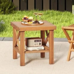 Tangkula Outdoor Side Table Acacia Wood Adirondack Table W/ Storage Shelf Natural