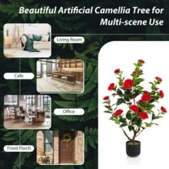 Tangkula 38" Artificial Camellia Tree Faux Floral Plant Fake Tree For Decoration Red -Tangkula GUEST 89de6463 463f 47c1 8a55 14c590662e00