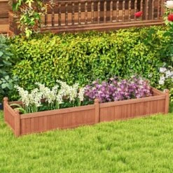 Tangkula Wooden Raised Garden Bed Outdoor Rectangular Planter Box W/ Drainage Holes Liner Raised Planter For Vegetable Fruit Flower Herb