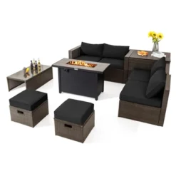 Tangkula 9 Pieces Outdoor Patio Furniture Set With 42" Propane Fire Pit Table Outdoor PE Wicker Space-Saving Sectional Sofa Set Black/Gray/Navy/Red/Turquoise/Off White -Tangkula GUEST 8a18399d e6bc 4d84 bb09 398fbec2fbc4