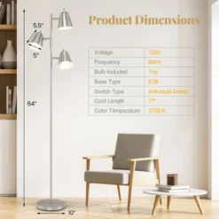 Tangkula 64" Mid Century Modern Floor Lamp 3 Light Tree, Standing Tall Pole Lamp W/ 3 LED Bulbs & Adjustable Heads (Nickel) -Tangkula GUEST 8a868f66 a6a7 432a 9a01 3ec7c309699a