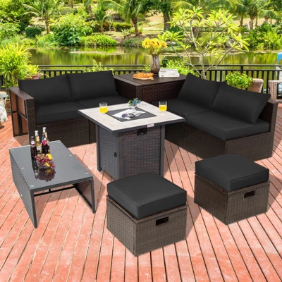 Tangkula 9 PCS Outdoor Patio Furniture Set W/ 30" Propane Fire Pit Table PE Wicker Space-Saving Sectional Sofa W/ Storage Box And Cushions Black/Gray/Navy/Red/Turquoise/Off White 4 Tangkula 9 PCS Outdoor Patio Furniture Set W/ 30" Propane Fire Pit Table PE Wicker Space-Saving Sectional Sofa W/ Storage Box And Cushions Black/Gray/Navy/Red/Turquoise/Off White - Image 2
