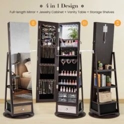 Tangkula 360° Swivel Jewelry Cabinet W/ Mirror Jewelry Storage Organizer Built-in Lights Dark Brown -Tangkula GUEST 8b94d613 ec73 49b3 9fc2 a5eef7910cf8
