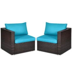 Tangkula 2PCS Rattan Corner Sofa Set Patio Outdoor Furniture Set W/ 4 Blue Cushions
