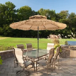 Tangkula 9 Ft Outdoor Tiki Umbrella Double-Roof Hawaii Style Umbrella W/ Tilt Mechanism & Hand Crank 9-Tier Endothermic Straw 8 Sturdy Steel Ribs -Tangkula GUEST 8c6a8644 11e8 4af6 b136 a06f61869db1