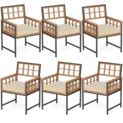 Tangkula Acacia Wood Patio Chairs Set Of 6 W/Cushions & Metal Frame 400 Lbs Capacity -Tangkula GUEST 8d11e2ea cb28 49c4 8bbb 05ca74c173e9