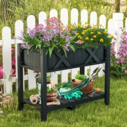 Tangkula HIPS Raised Garden Bed Poly Wood Elevated Planter Box W/ Legs & Storage Shelf