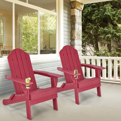 Tangkula 2PCS Patio Folding Adirondack Chair Weather Resistant Cup Holder Yard Red 3 Tangkula 2PCS Patio Folding Adirondack Chair Weather Resistant Cup Holder Yard Red