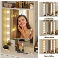Tangkula Vanity Desk Set W/ Mirror And Lights 3-Color Lighted Mirror Cushioned Stool White -Tangkula GUEST 8e780848 d9f2 4bf4 bca0 cbaf962005f7