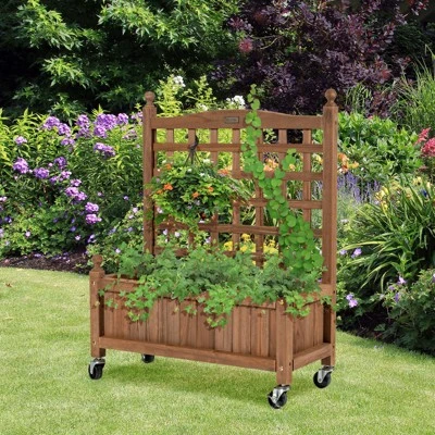 Tangkula 2PC 32in Wood Planter Box With Trellis And Wheels Mobile Plant Raised Bed For Indoor&Outdoor 3 Tangkula 2PC 32in Wood Planter Box With Trellis And Wheels Mobile Plant Raised Bed For Indoor&Outdoor