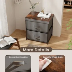 Tangkula 2 Drawer Dresser Fabric Storage Organizer Nightstand Bedside Sofa Table Grey & Rustic Brown -Tangkula GUEST 8f015ff0 aac4 49a9 8967 e6b8b7ddb35e