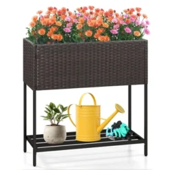 Tangkula Elevated Planter Box Raised Garden Bed W/ Rattan Surface Bottom Storage Shelf -Tangkula GUEST 8f487b18 8e37 4d78 80d6 9a5442d3a978
