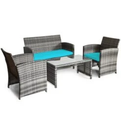 Tangkula 4-Piece Outdoor Patio Furniture Set Rattan Wicker Conversation Sofa Set W/Cushions Turquoise -Tangkula GUEST 9038b5c4 7457 4ac2 8c37 d6f5fce6bf52