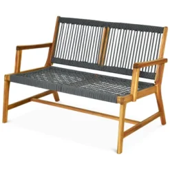 Tangkula 2-Person Outdoor Acacia Wood Bench Patio Loveseat Rope Bench Grey -Tangkula GUEST 90be4372 8c29 426c 865c c0e700de1729