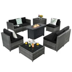 Tangkula 9 PCS Rattan Dinning Set Wicker Sofa W/Propane Gas Fire Pit 60,000 Btu Heater -Tangkula GUEST 91395b61 f6a6 4db6 b581 22ed06856832