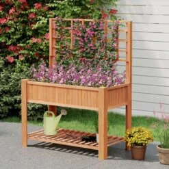 Tangkula Raised Garden Bed W/ Trellis Wooden Elevated Planter Box W/ Legs & Liner Brown
