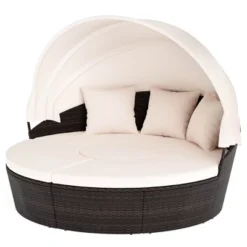 Tangkula Patio Round Daybed With Retractable Canopy PE Rattan Cushioned Sectional Seating With Center Table Couch & Throw Pillows Outdoor Sunbed -Tangkula GUEST 921fec57 5d2e 4ec5 9738 918e12830aa4