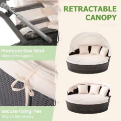 Tangkula Patio Round Daybed With Retractable Canopy PE Rattan Cushioned Sectional Seating With Center Table Couch & Throw Pillows Outdoor Sunbed