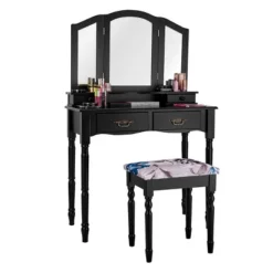 Tangkula Tri Folding Vanity Mirror Makeup Table Set W/4 Drawers & Stool White -Tangkula GUEST 934414ff 6d7a 4720 b788 4c43707a3fcd