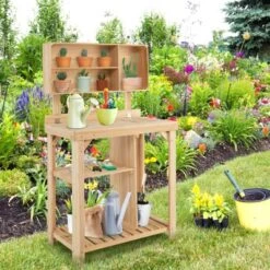 Tangkula Garden Work Bench, Wood Potting Station W/ Bottom Shelves & Top Compartments Solid Fir Wood Structure