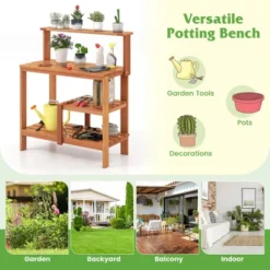 Tangkula Outdoor Potting Bench Table W/Open Shelves Teak Oil Finish Gardening Workstation -Tangkula GUEST 942c2ae6 4ffd 4215 b3b8 60d9c43f43c8