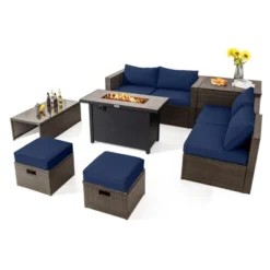 Tangkula 9 Pieces Outdoor Patio Furniture Set With 42" Propane Fire Pit Table Outdoor PE Wicker Space-Saving Sectional Sofa Set Black/Gray/Navy/Red/Turquoise/Off White -Tangkula GUEST 944f6c0e e32e 4980 8310 359094aa122d