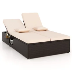 Tangkula Patio Double Chaise Lounge 6 Position Adjustable Wicker Recliner Bed With Cushions & Folding Side Trays -Tangkula GUEST 94960e6f 19fc 48f7 944e 12f1758a018b