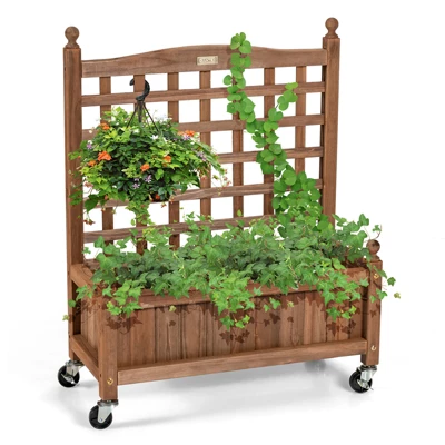 Tangkula 2PC 32in Wood Planter Box With Trellis And Wheels Mobile Plant Raised Bed For Indoor&Outdoor 5 Tangkula 2PC 32in Wood Planter Box With Trellis And Wheels Mobile Plant Raised Bed For Indoor&Outdoor - Image 3