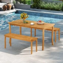Tangkula 47" Long Patio Dining Bench W/ Slatted Seat Backless Wooden Picnic Bench -Tangkula GUEST 95ba7d4a 3e1e 4fe2 a232 e051428d7ccf